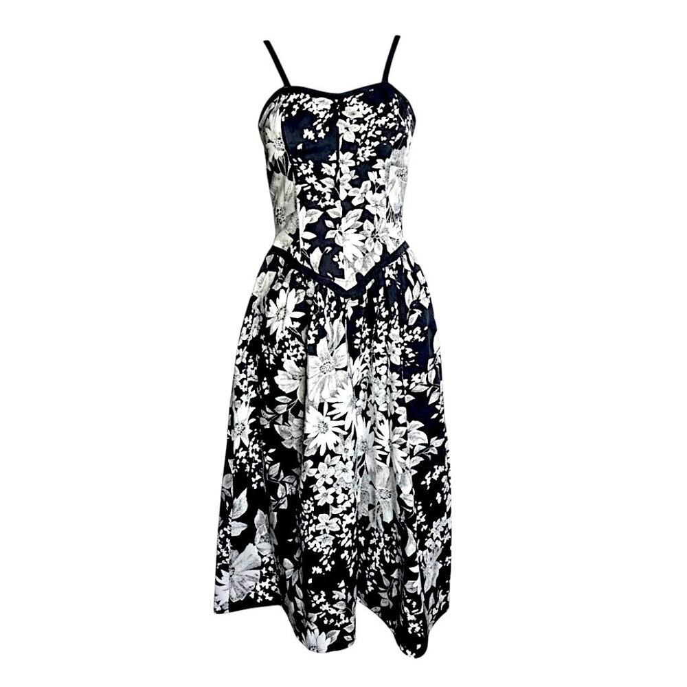 Vintage Eber San Francisco Floral Cotton Smocked Corset Midi Dress Size 5
